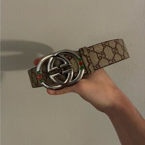 Gucci Beige Monogram Belt with Silver GG Buckle